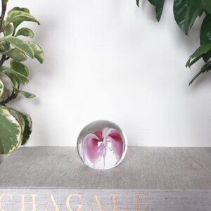 GES Ball Paperweight, Art Glass Paperweight With Pink Flower